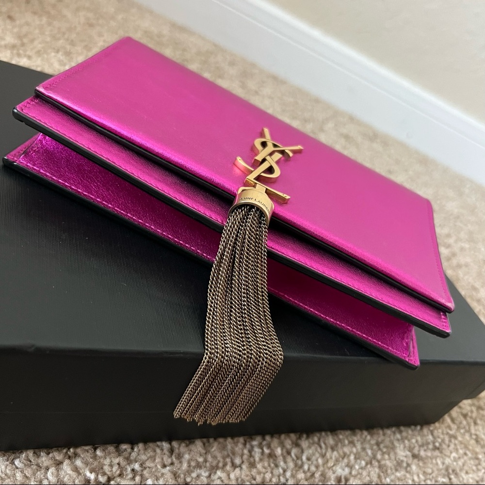 Saint Laurent Classic Monogram Leather Wallet On Chain W/ Tassel Metallic Pink - Picture 7 of 16